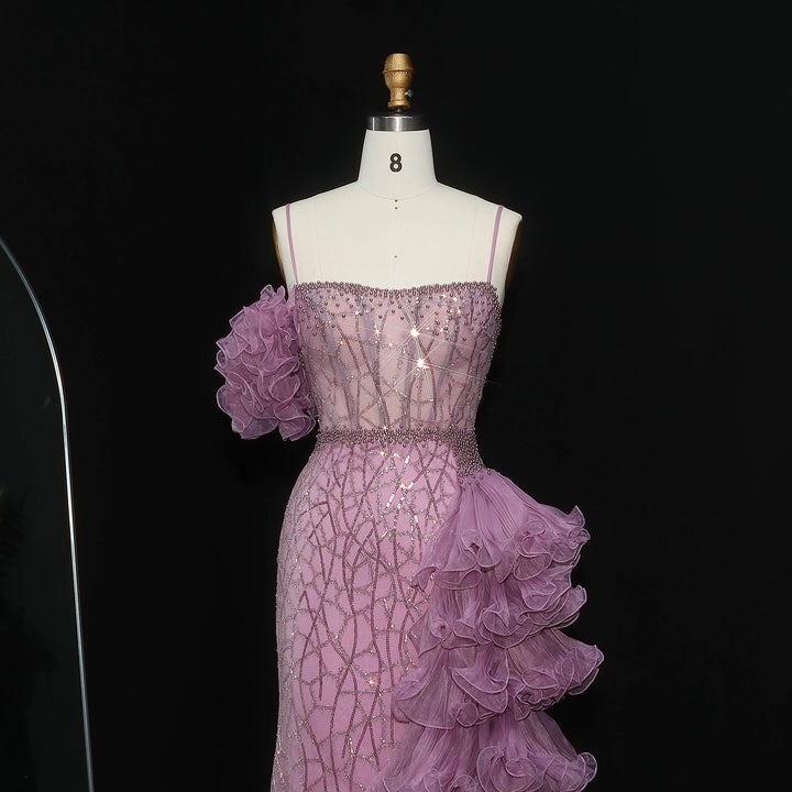 Elegant Gold Evening Dress with Tiered Ruffles SS046