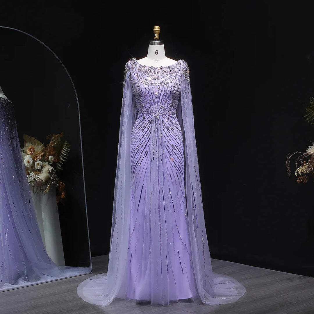 Elegant Lilac Crystal Evening Gown with Flowing Cape Sleeves SS549