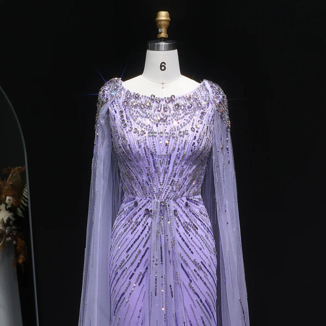 Elegant Lilac Crystal Evening Gown with Flowing Cape Sleeves SS549