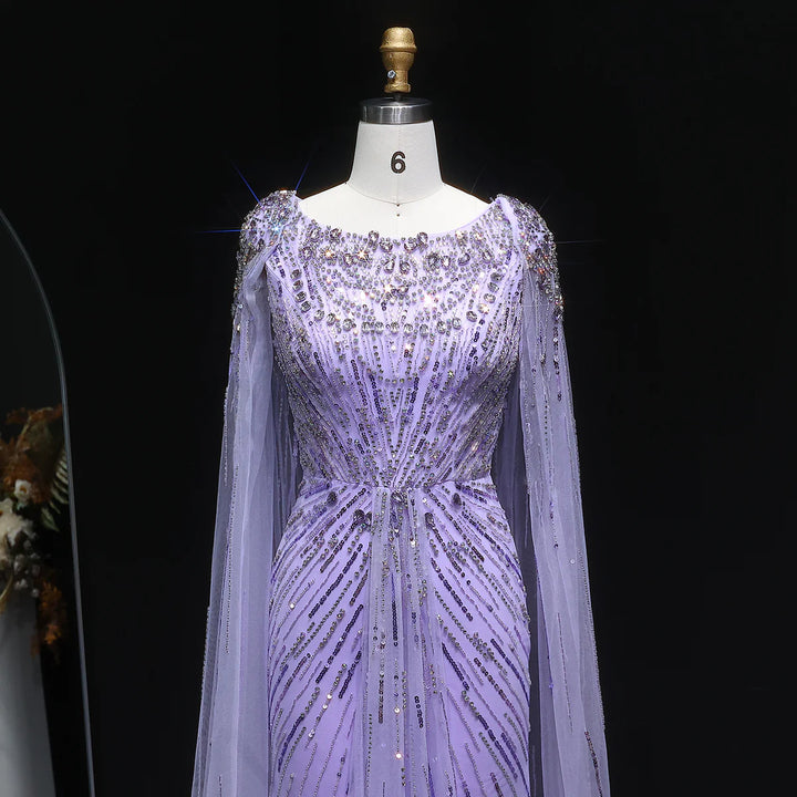 Elegant Lilac Crystal Evening Gown with Flowing Cape Sleeves SS549