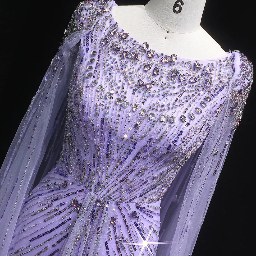 Elegant Lilac Crystal Evening Gown with Flowing Cape Sleeves SS549