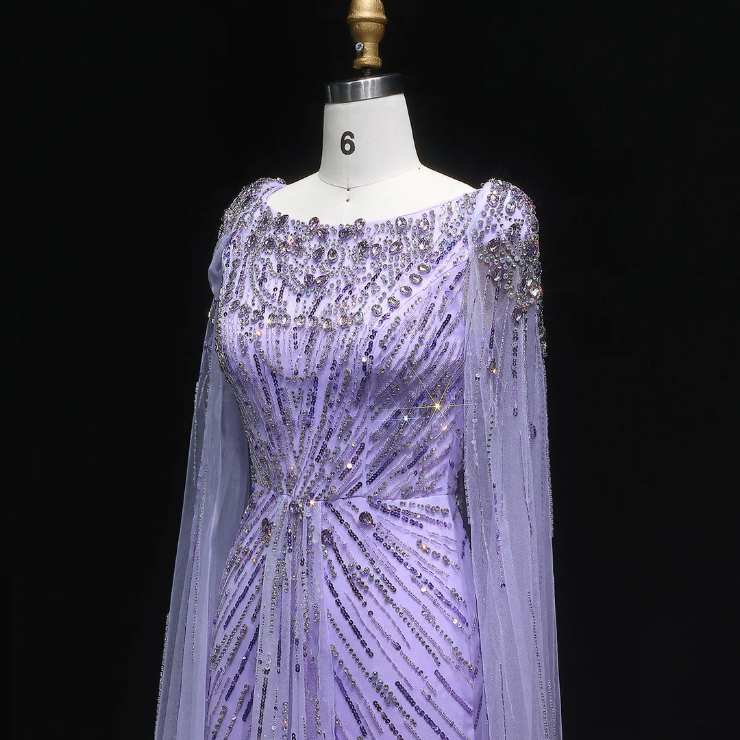 Elegant Lilac Crystal Evening Gown with Flowing Cape Sleeves SS549