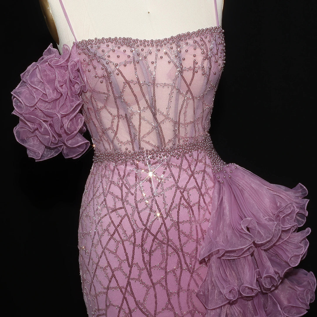 Elegant Gold Evening Dress with Tiered Ruffles SS046