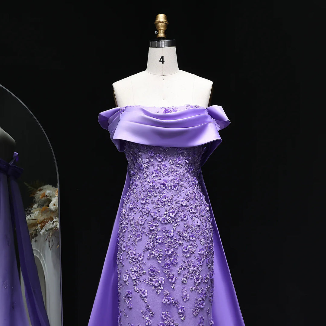 Elegant Lilac Mermaid Evening Dress with Crystal Details and Overskirt SS555
