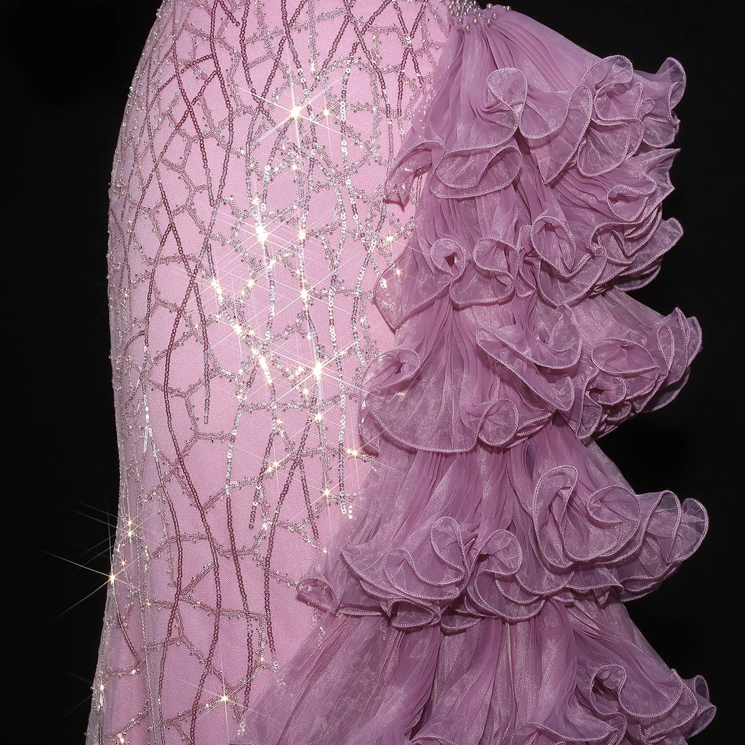 Elegant Gold Evening Dress with Tiered Ruffles SS046