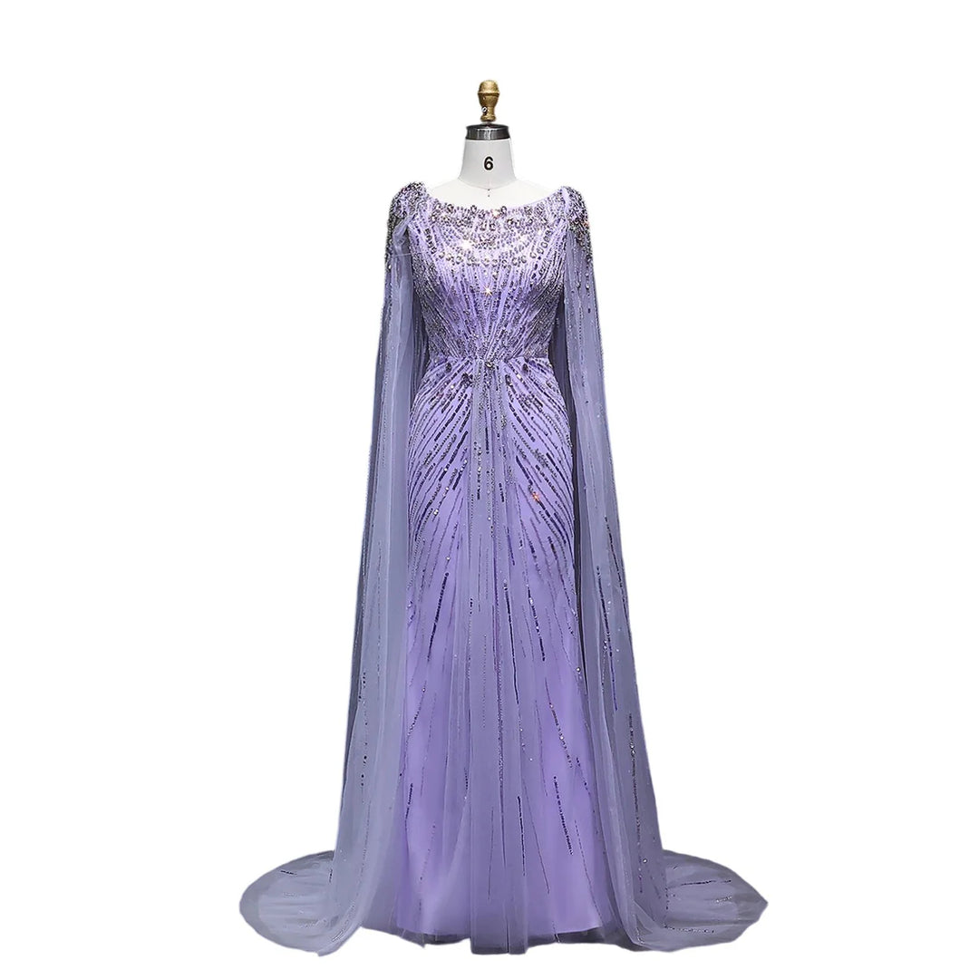 Elegant Lilac Crystal Evening Gown with Flowing Cape Sleeves SS549