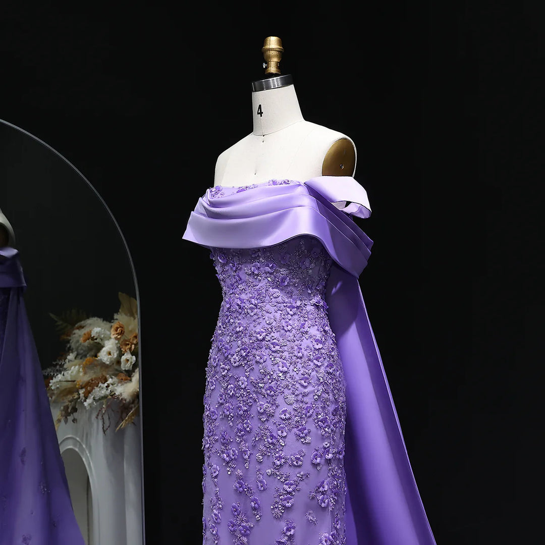 Elegant Lilac Mermaid Evening Dress with Crystal Details and Overskirt SS555