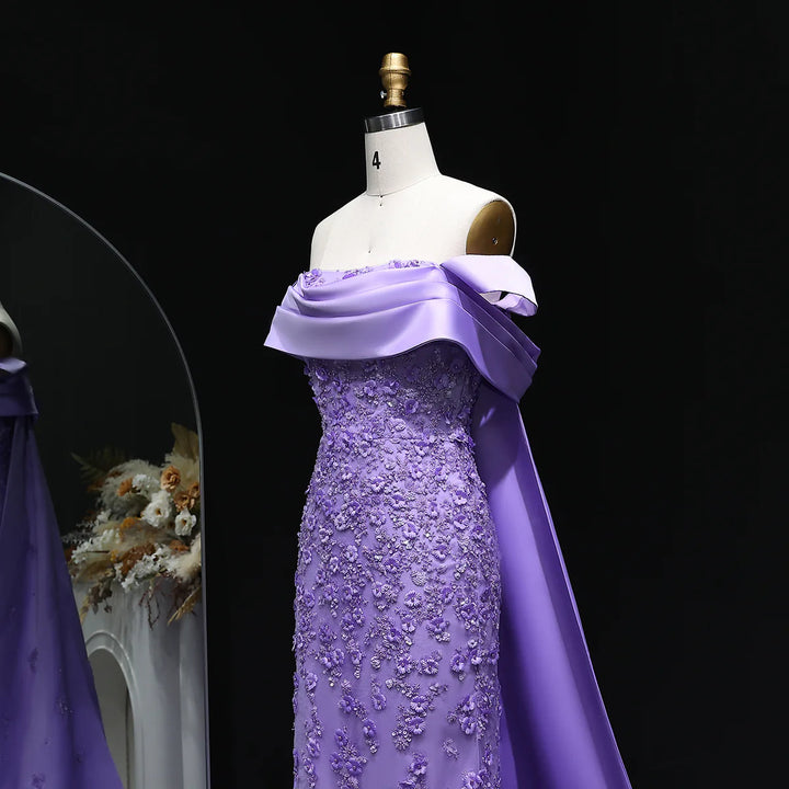 Elegant Lilac Mermaid Evening Dress with Crystal Details and Overskirt SS555