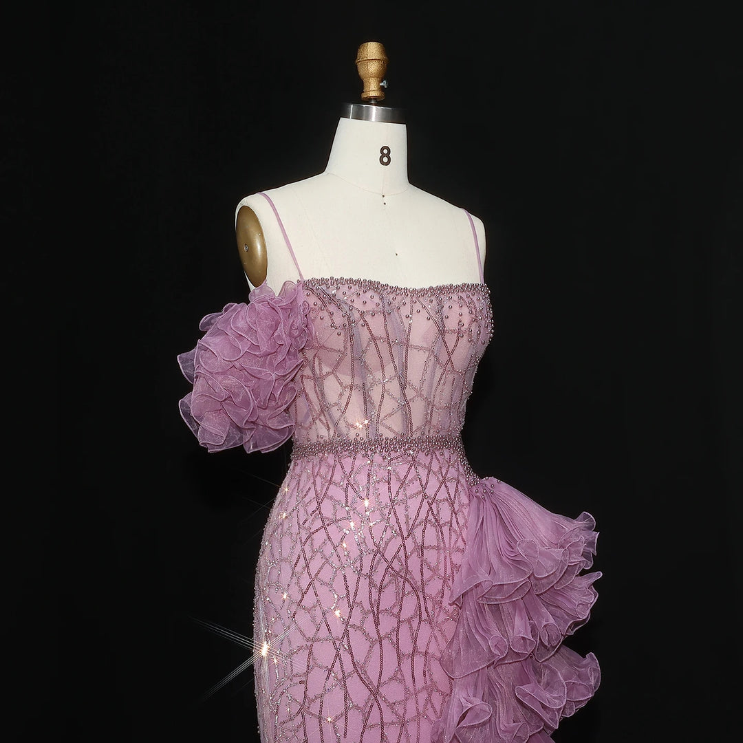 Elegant Gold Evening Dress with Tiered Ruffles SS046