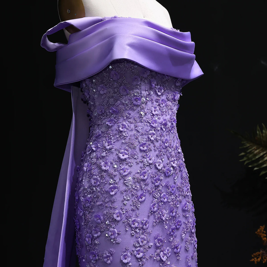 Elegant Lilac Mermaid Evening Dress with Crystal Details and Overskirt SS555