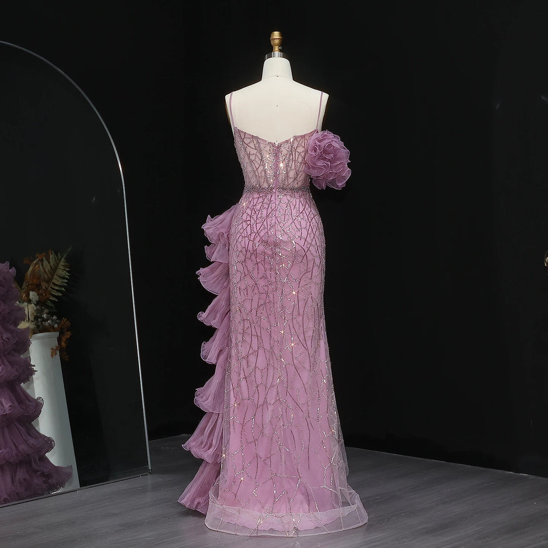 Elegant Gold Evening Dress with Tiered Ruffles SS046