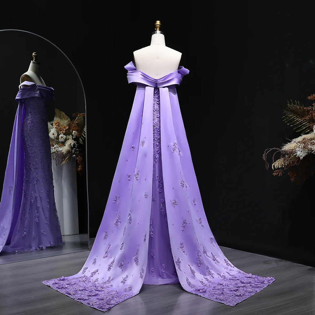Elegant Lilac Mermaid Evening Dress with Crystal Details and Overskirt SS555