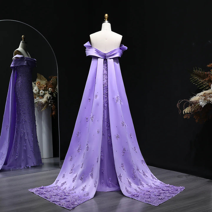 Elegant Lilac Mermaid Evening Dress with Crystal Details and Overskirt SS555