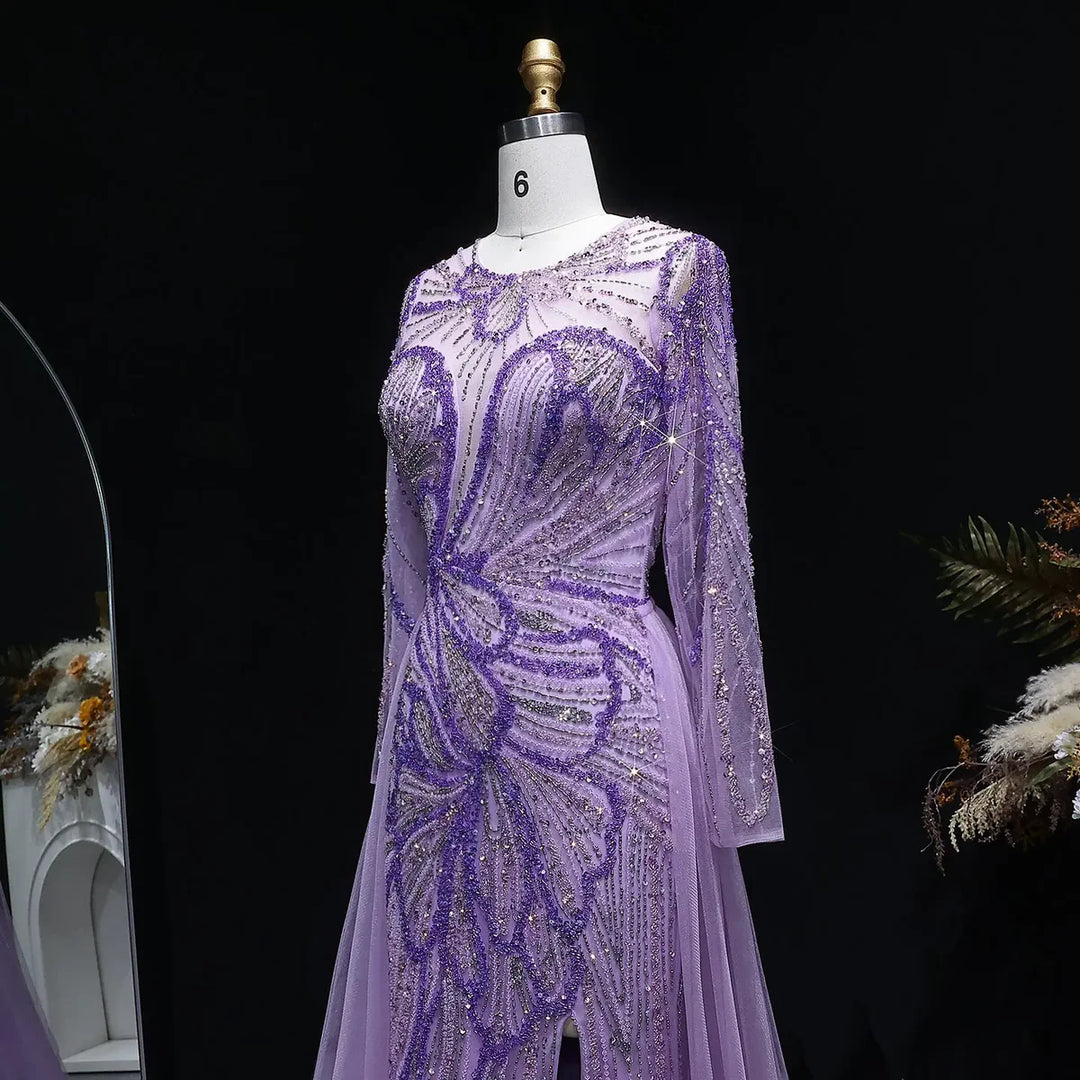 Luxury Wine Red Crystal Embellished Slit Evening Dress with Overskirt SS160