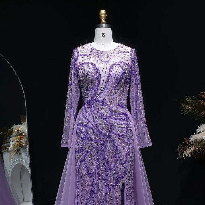 Luxury Wine Red Crystal Embellished Slit Evening Dress with Overskirt SS160