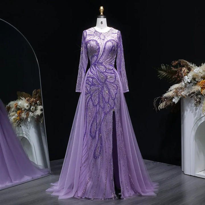 Luxury Wine Red Crystal Embellished Slit Evening Dress with Overskirt SS160