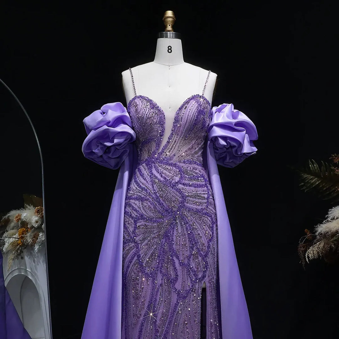 Luxury Green Beaded Slit Evening Gown with Cape SS157