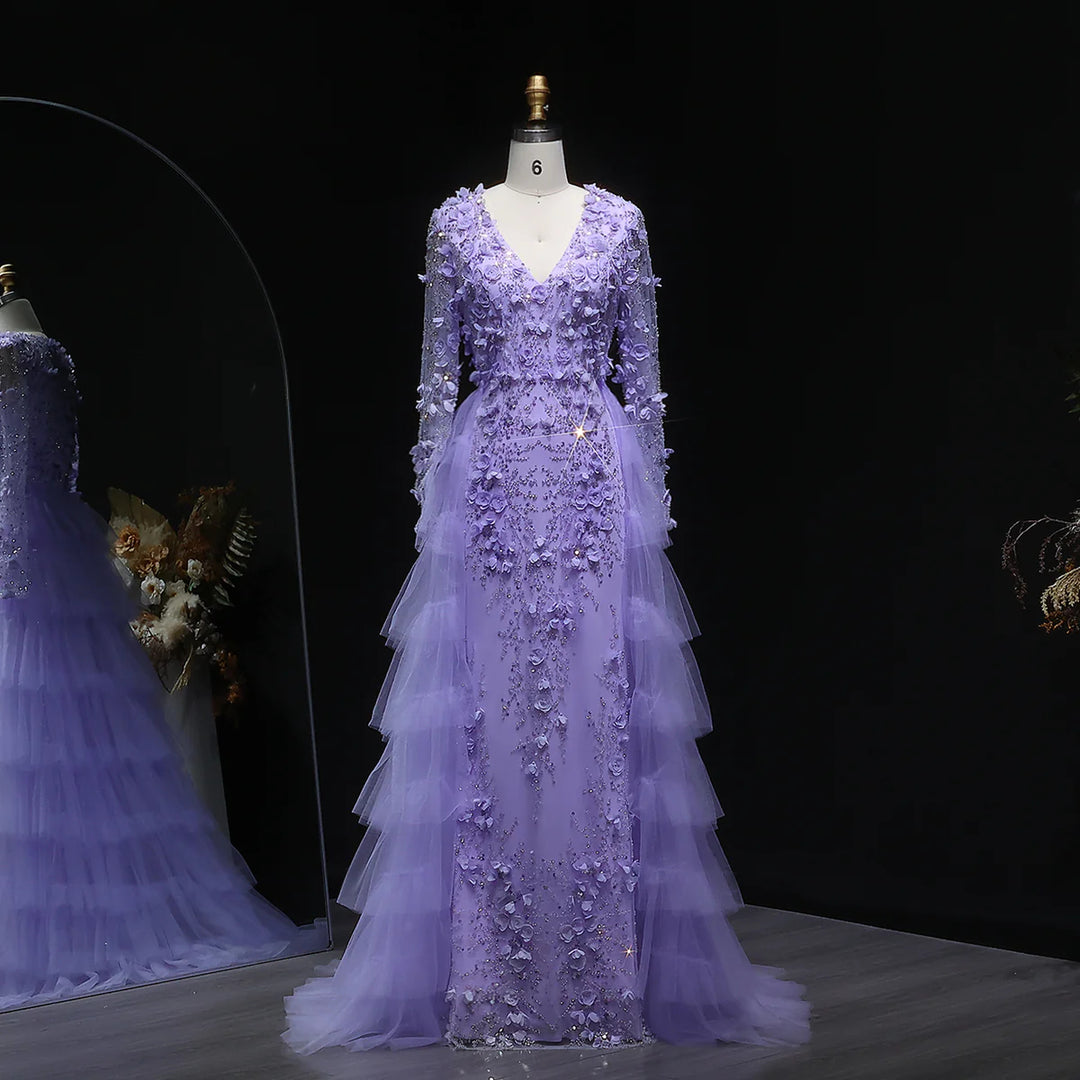 Romantic Lilac 3D Floral Lace with Overskirt Evening Dress SS637