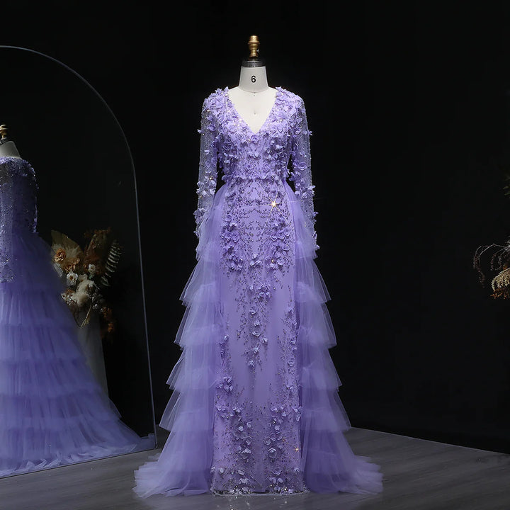 Romantic Lilac 3D Floral Lace with Overskirt Evening Dress SS637