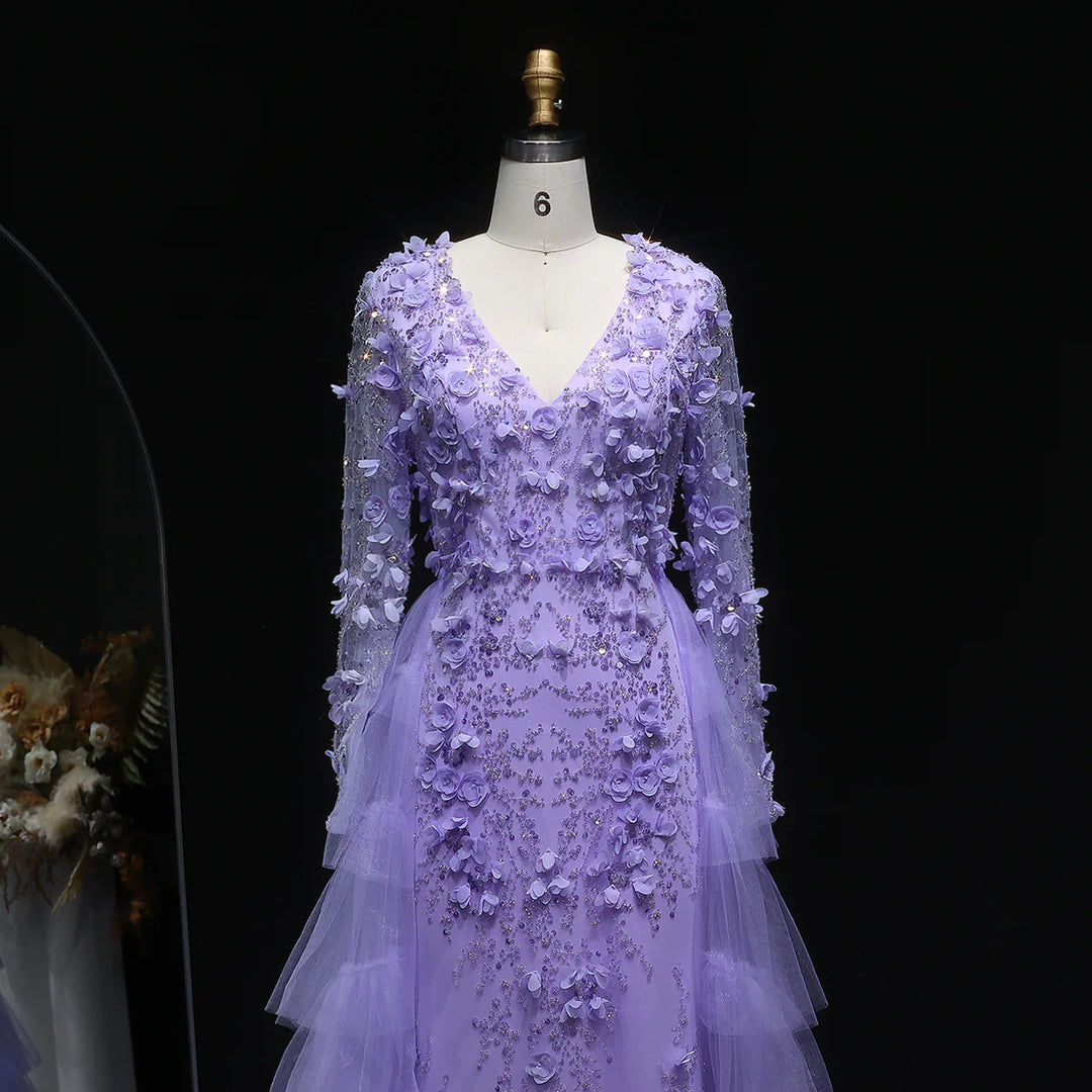 Romantic Lilac 3D Floral Lace with Overskirt Evening Dress SS637