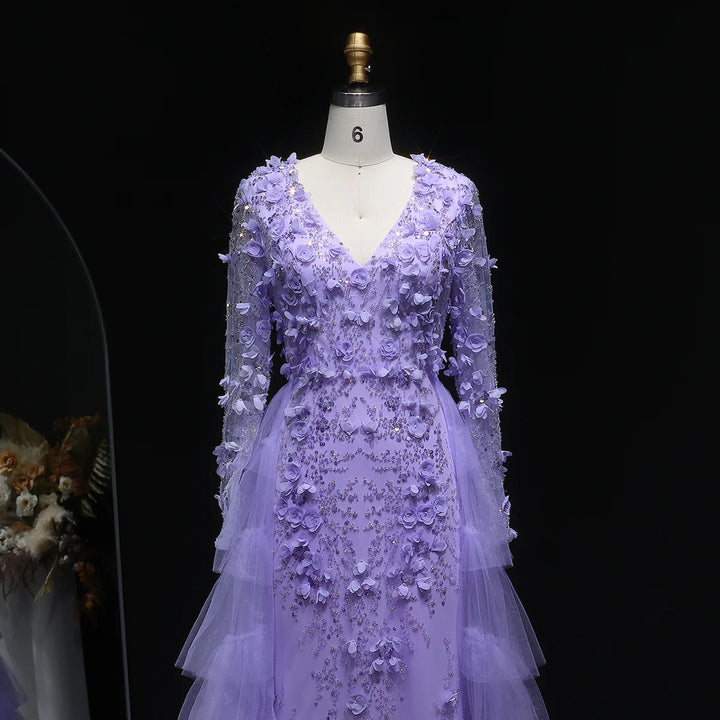 Romantic Lilac 3D Floral Lace with Overskirt Evening Dress SS637