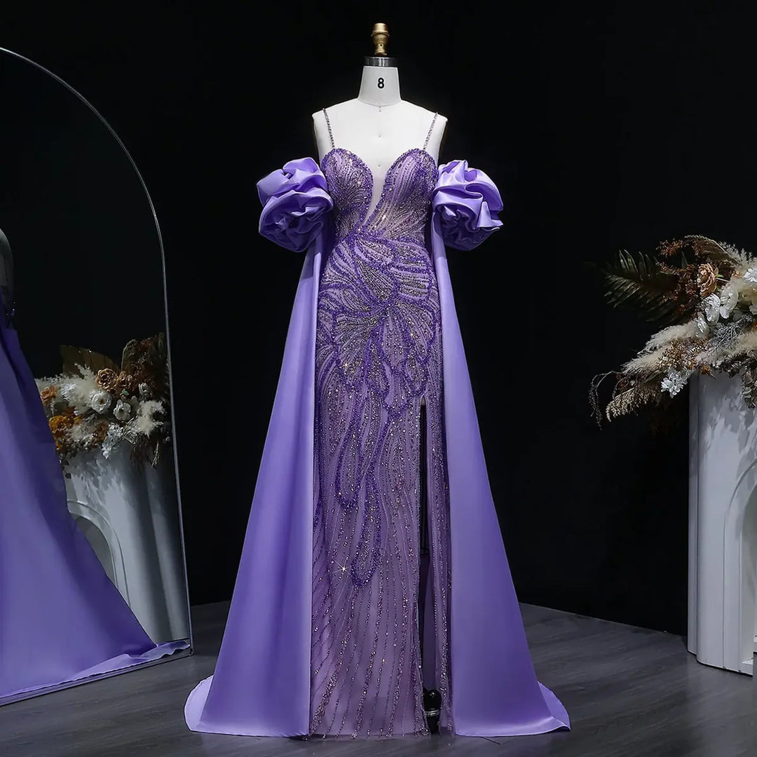 Luxury Green Beaded Slit Evening Gown with Cape SS157