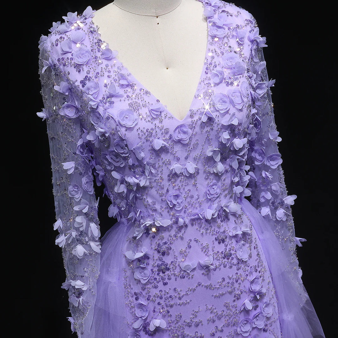 Romantic Lilac 3D Floral Lace with Overskirt Evening Dress SS637