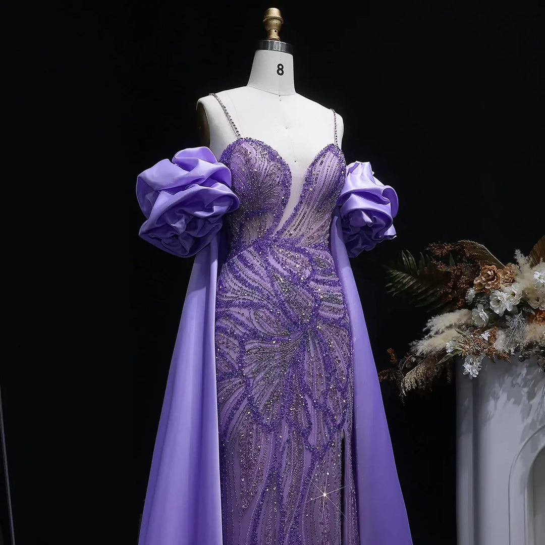 Luxury Green Beaded Slit Evening Gown with Cape SS157