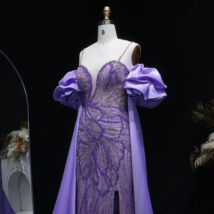 Luxury Green Beaded Slit Evening Gown with Cape SS157