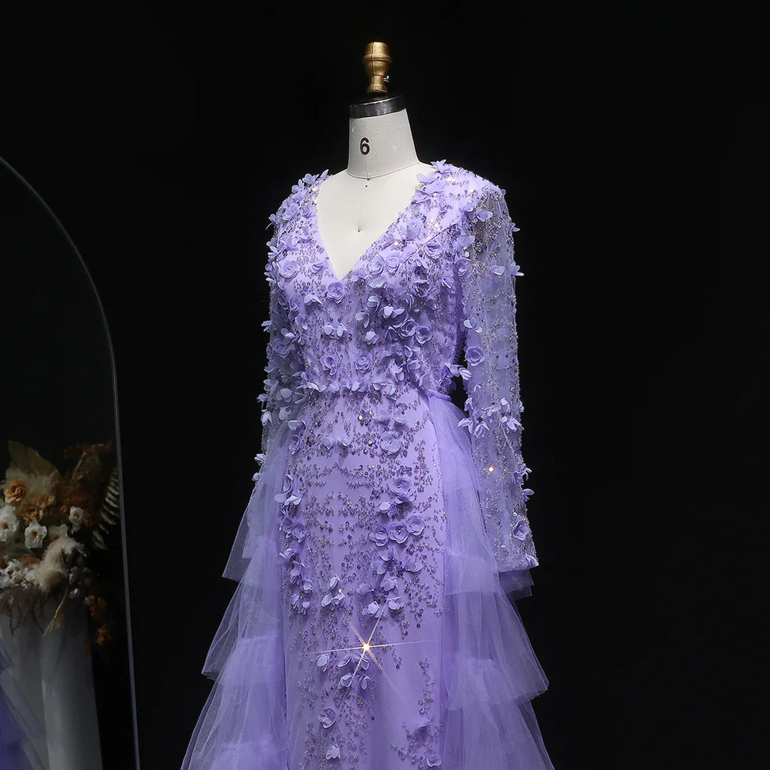 Romantic Lilac 3D Floral Lace with Overskirt Evening Dress SS637