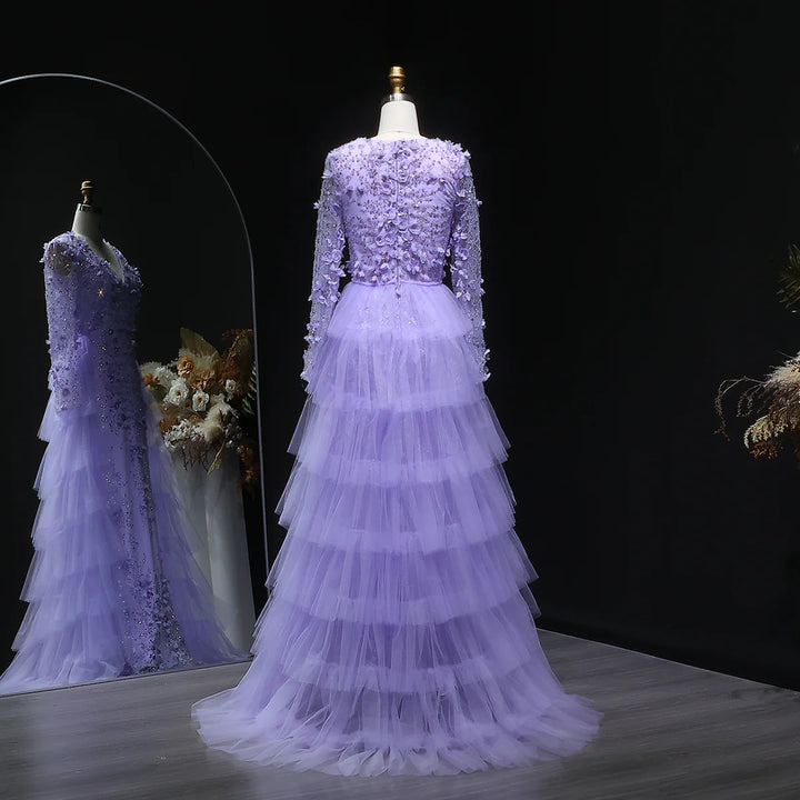 Romantic Lilac 3D Floral Lace with Overskirt Evening Dress SS637