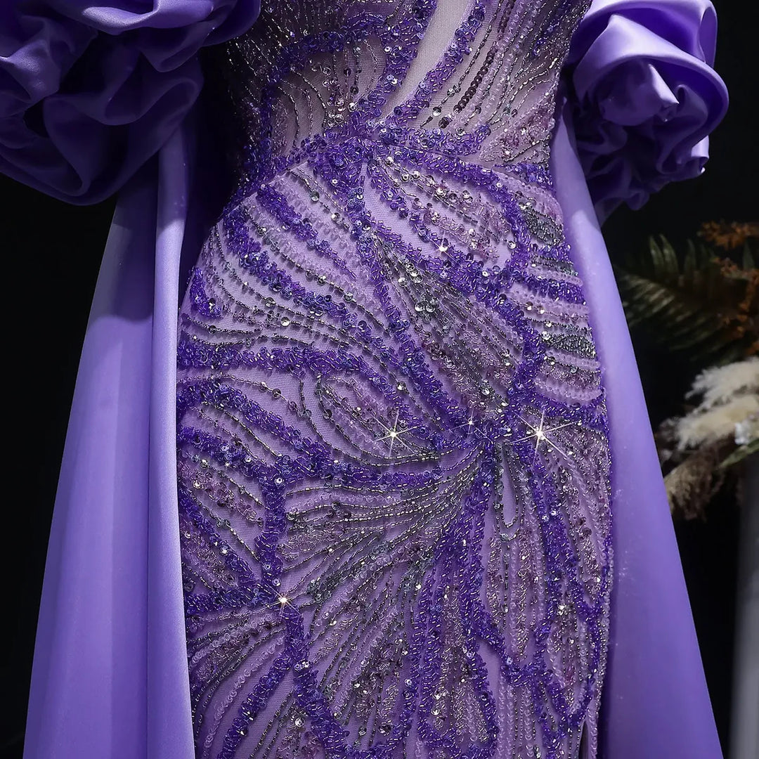 Luxury Green Beaded Slit Evening Gown with Cape SS157