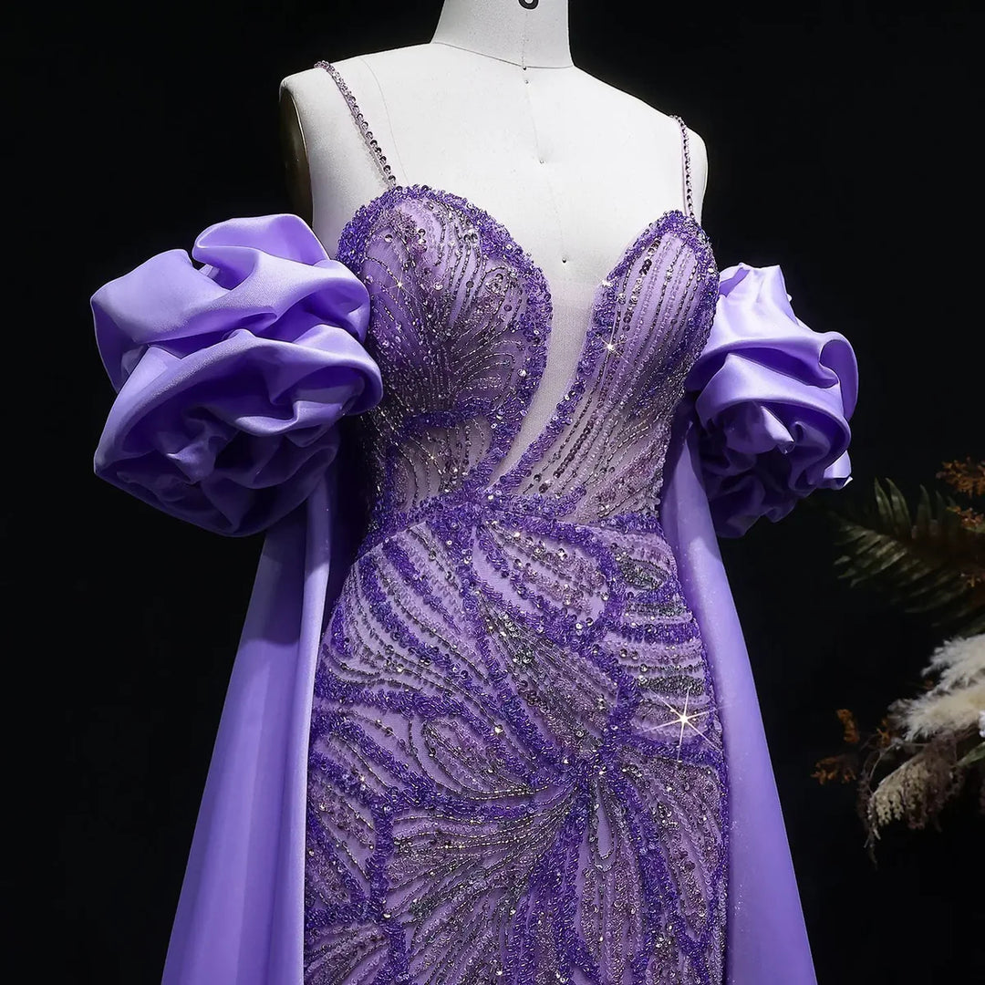 Luxury Green Beaded Slit Evening Gown with Cape SS157