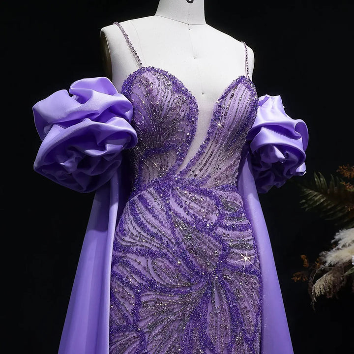 Luxury Green Beaded Slit Evening Gown with Cape SS157