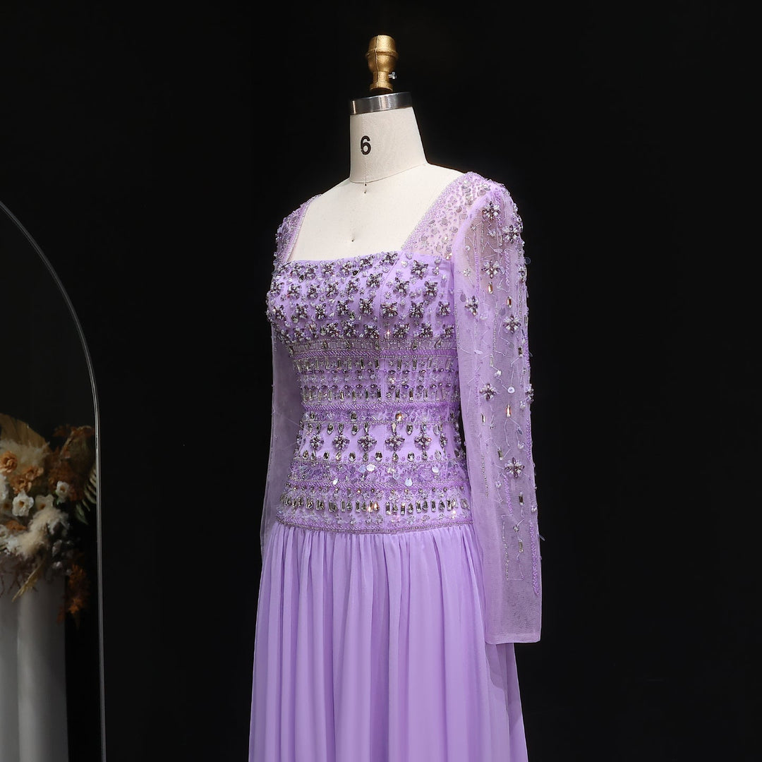 Strapless Lilac Beaded Bodice Evening Dress with Flowing Skirt SS539