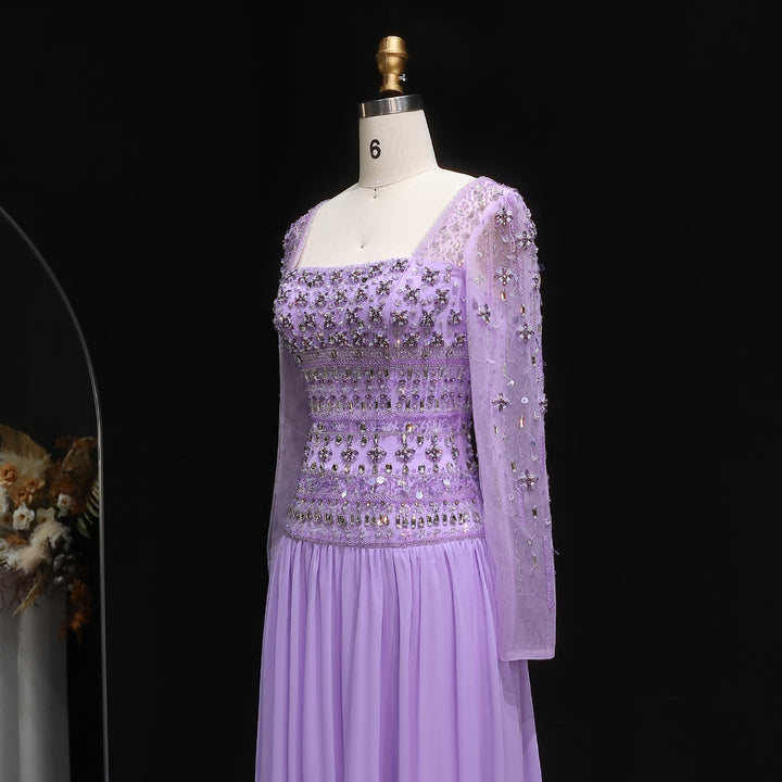 Strapless Lilac Beaded Bodice Evening Dress with Flowing Skirt SS539