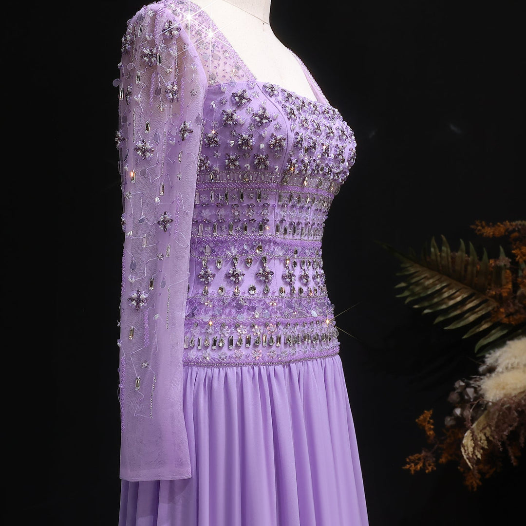 Strapless Lilac Beaded Bodice Evening Dress with Flowing Skirt SS539