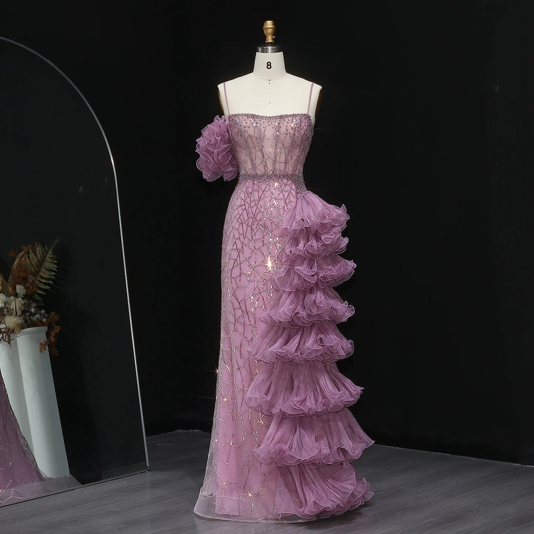 Elegant Gold Evening Dress with Tiered Ruffles SS046