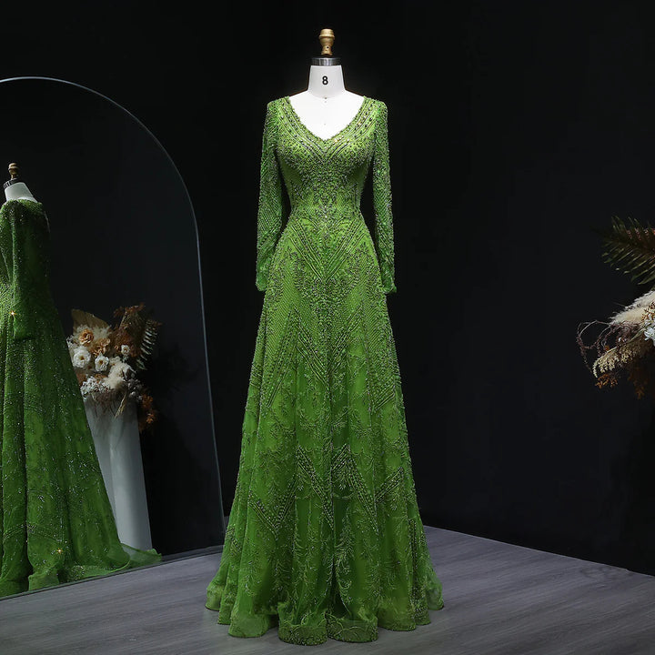 Luxury Lime Green Beaded Long Sleeve Evening Dress SS110
