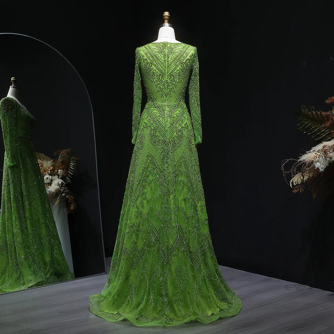 Luxury Lime Green Beaded Long Sleeve Evening Dress SS110