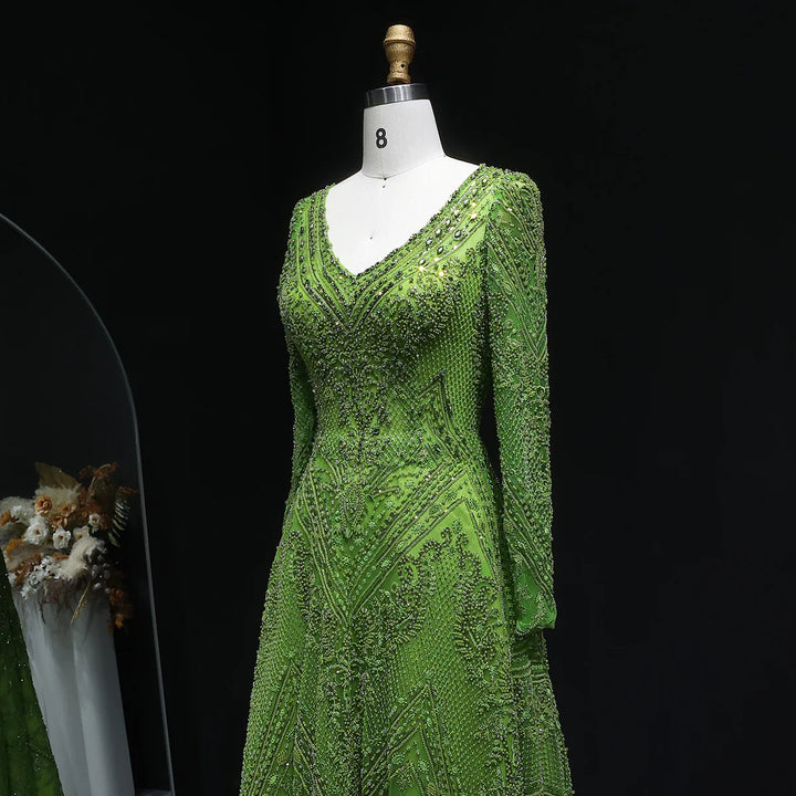 Luxury Lime Green Beaded Long Sleeve Evening Dress SS110