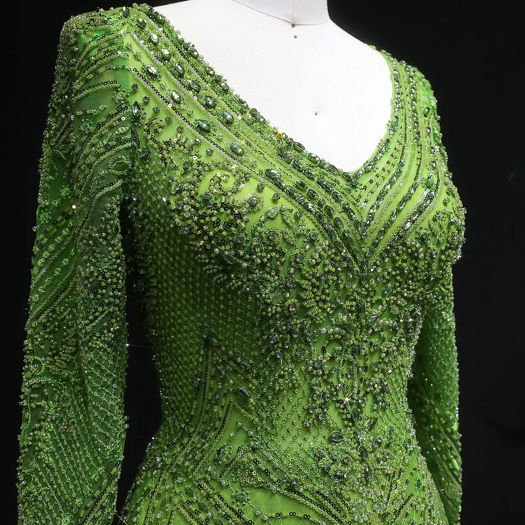 Luxury Lime Green Beaded Long Sleeve Evening Dress SS110