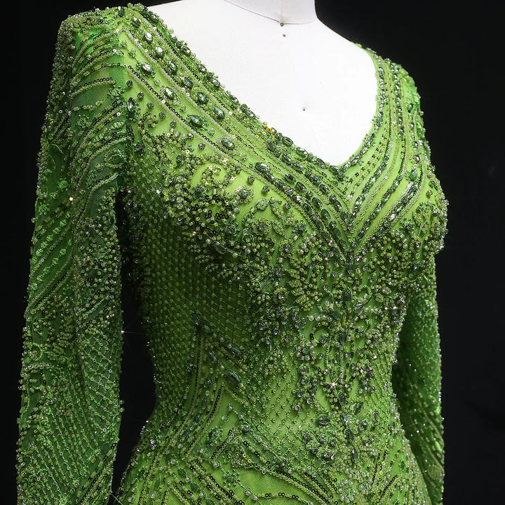 Luxury Lime Green Beaded Long Sleeve Evening Dress SS110