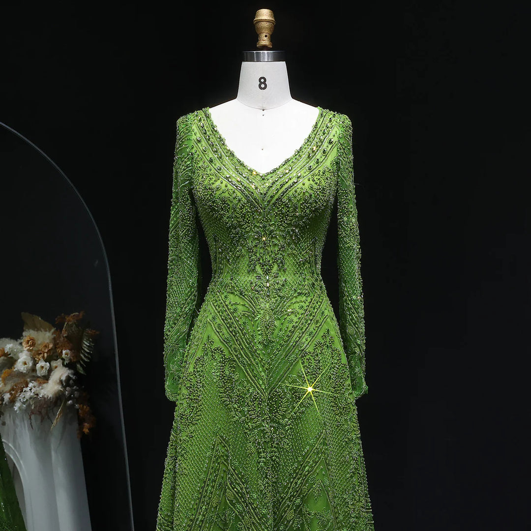 Luxury Lime Green Beaded Long Sleeve Evening Dress SS110