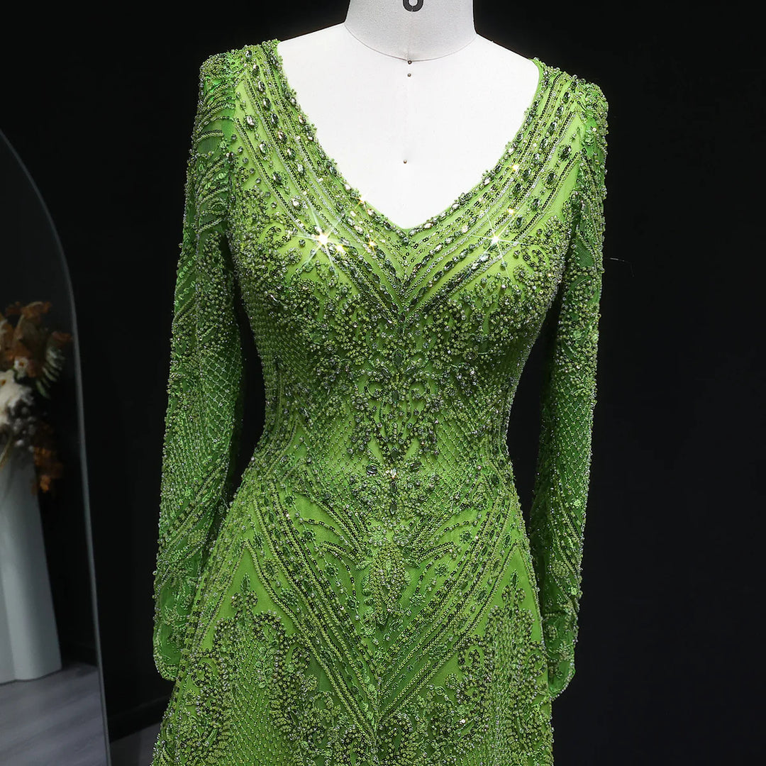Luxury Lime Green Beaded Long Sleeve Evening Dress SS110