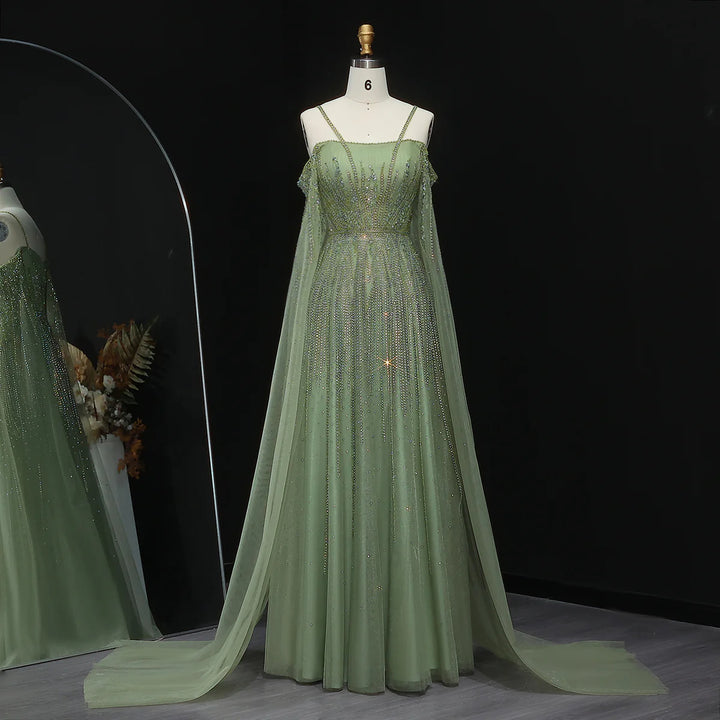 Luxurious Green Beaded Tulle Evening Gown with Layered Cap XD024