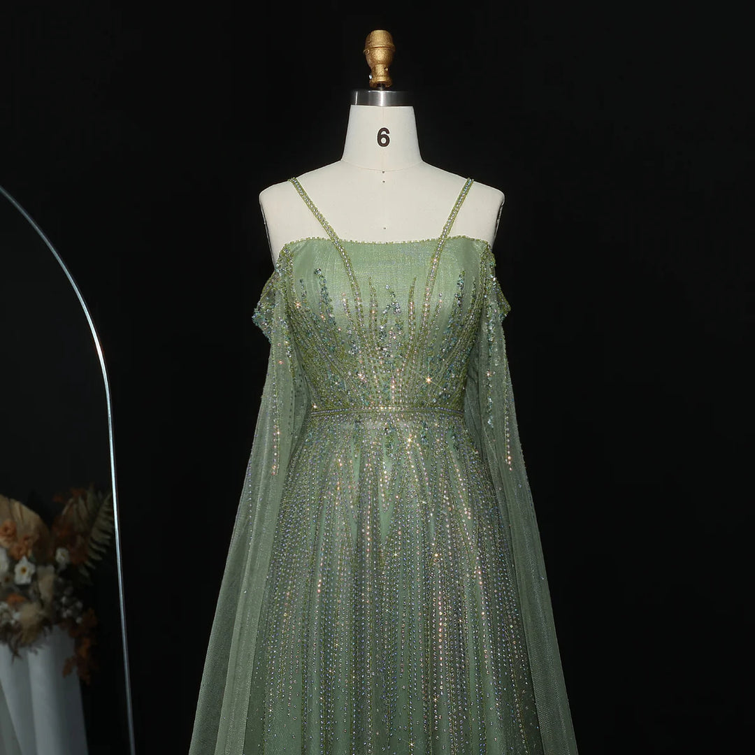 Luxurious Green Beaded Tulle Evening Gown with Layered Cap XD024
