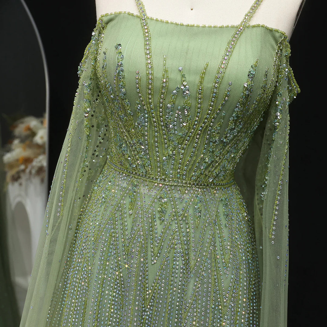 Luxurious Green Beaded Tulle Evening Gown with Layered Cap XD024