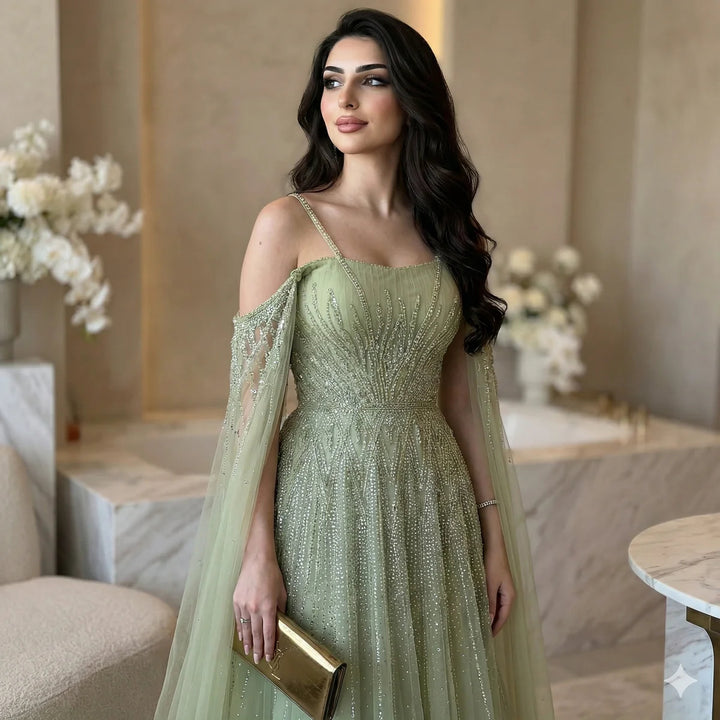 Luxurious Green Beaded Tulle Evening Gown with Layered Cap XD024