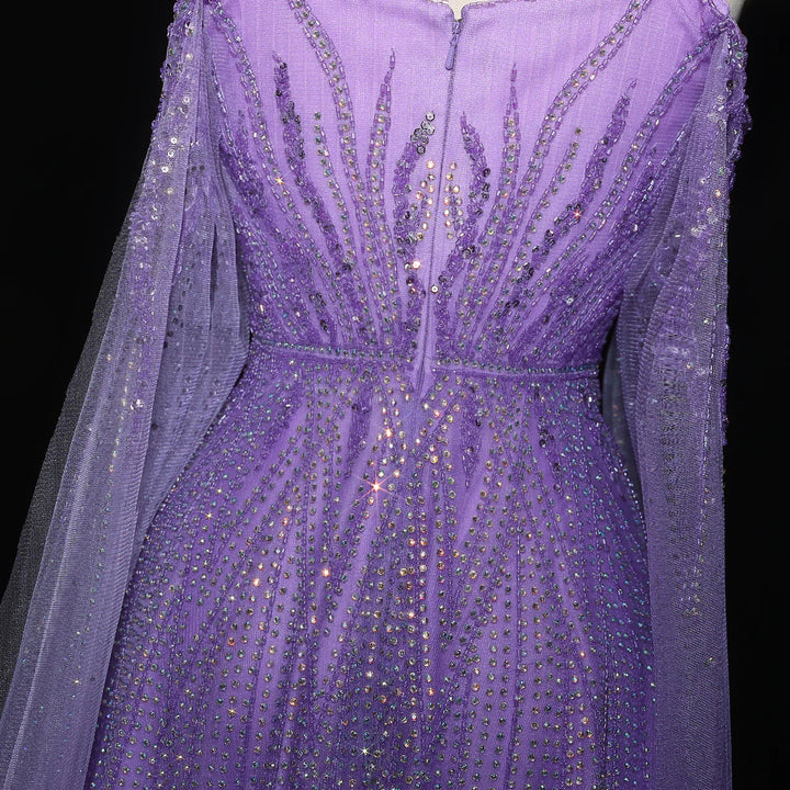 Luxurious Green Beaded Tulle Evening Gown with Layered Cap XD024